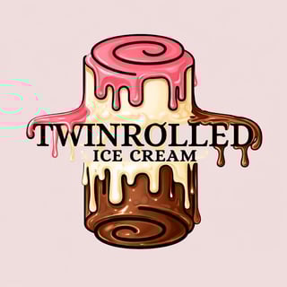 Twin Rolled Ice Cream logo featuring a cylindrical container with pink frosting on top and chocolate sauce dripping down the sides